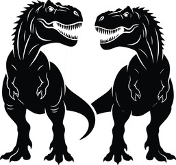 Black vector silhouette set of two aggressive Tyrannosaurus Rex dinosaurs facing each other for prehistoric wildlife education and museum branding, cad drawing flat vector illustration © Ariful