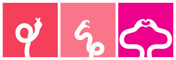 Obraz premium Abstract Cartoon Hand Gestures Expressing Love and Emotion with Curved Flexible Arms on Bright Color Backgrounds, Minimal Flat Illustration Set