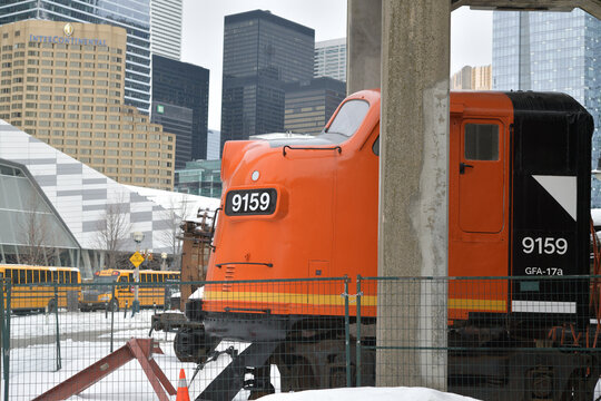 nose and cab section of #9159, a 1951 General Motors F7 diesel locomotive at Toronto Railway Museum, Roundhouse Park