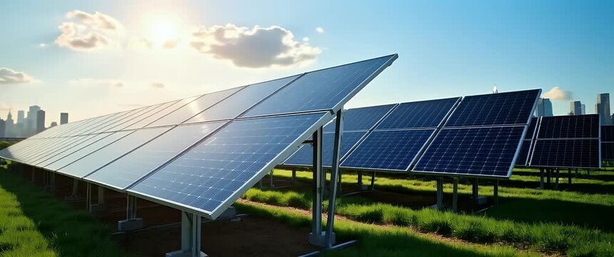Solar panels glisten under bright sunlight, city skyline in the distance; slow pan reveals the horizon, trees sway gently in this cinematic, eco-friendly urban landscape.