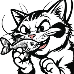 Super thick outline sticker-style vector of a playful cat chewing a small fish, simplified cartoon proportions, heavy black stroke, flat black and white 1