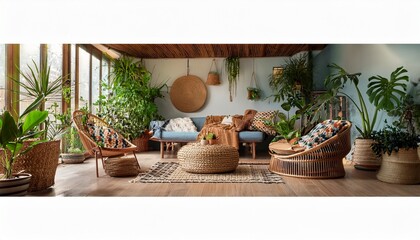 Fototapeta premium boho chic living room with lush green houseplants