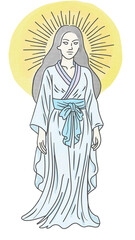 日本神話の太陽神 天照大御神（アマテラス）の全身イラスト 後光が差す神々しい姿