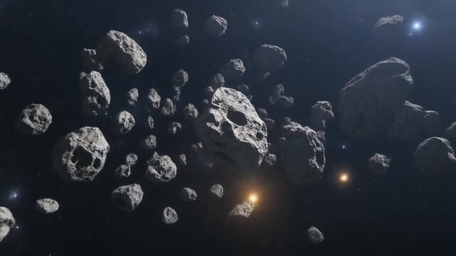 A mesmerizing view of an asteroid field in deep space, with rocky debris scattered against a backdrop of distant stars and faint nebulae, creating a sense of cosmic wonder