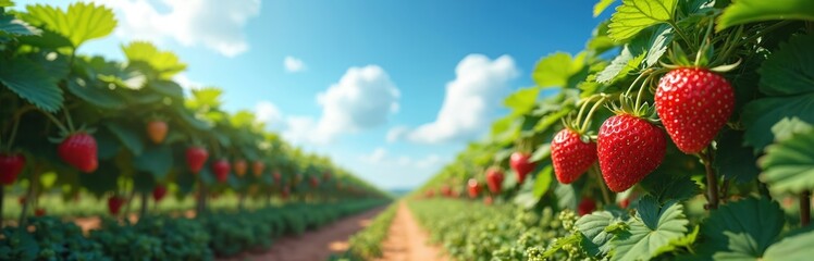 Ripe red strawberries grow on green plants in neat rows under a blue sky with white clouds. Sunlight shines on the berry farm during daytime. Organic fruit cultivation in a field.