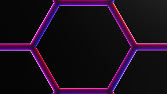 Red violet neon light is moving around black hexagon frames on dark background. Seamless border cycling glow animation.