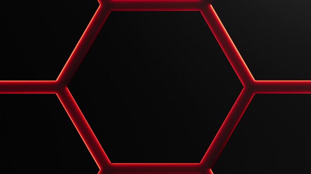 Red neon light is moving around black hexagon frames on dark background. Seamless border cycling glow animation.