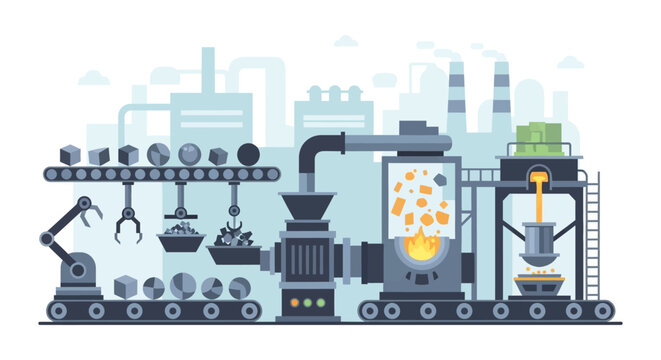 Automated Manufacturing Factory Production Line with Robotics, Conveyor Belts, and Material Processing from Raw Goods to Finished Products