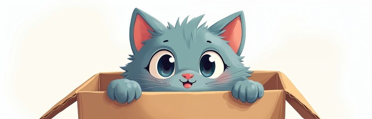 Fototapeta premium Cute cartoon cat peeks out of cardboard box. Whimsical blue kitten with big eyes and fluffy ears. Adorable pet plays in container, friendly playful pet illustration.