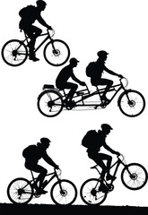 Cyclist silhouettes collection, mountain biking and tandem bicycle riders in action, black vector illustration isolated on white background