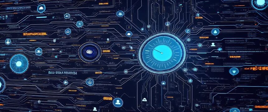 Futuristic digital interface with animated data streams pulses gently as the camera pans smoothly, revealing a high-tech environment; cinematic style enhances technology and innovation themes.