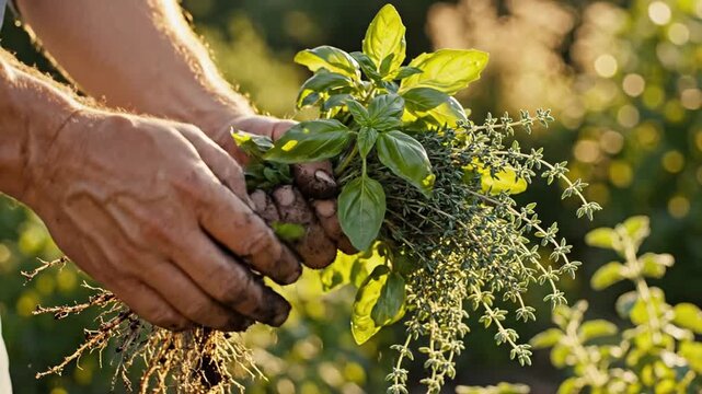 Hands holding fresh basil and thyme herbs in sunny garden
