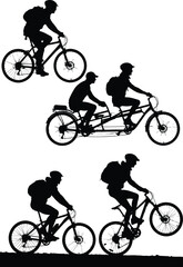 Cyclist silhouettes collection, mountain biking and tandem bicycle riders, black vector illustration isolated on white background, outdoor adventure and sports activity concept