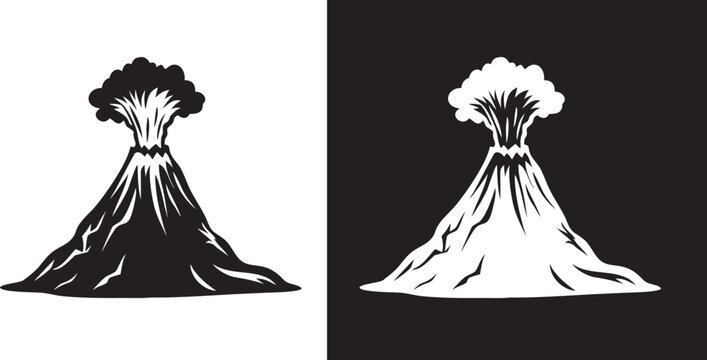 Volcano Eruption vector set, mountain explosion icon,lava black silhouette vector illustration 