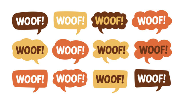 Twelve speech bubble shapes with the word W O F in keywords: white text on brown and orange backgrounds