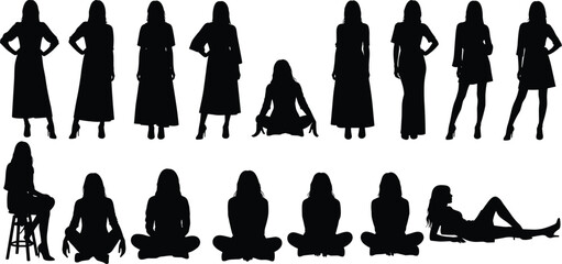 Set of black woman silhouettes in various poses including standing sitting and lying down isolated on grey background for fashion lifestyle and community design © Mijanur