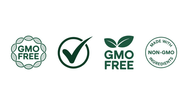 Four green G M O free and non G M O ingredients certification on keywords: white background