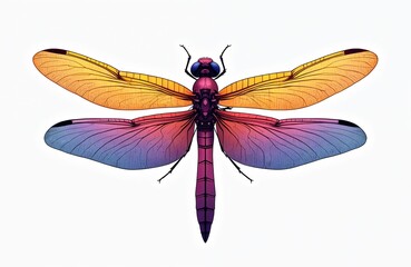 Colorful dragonfly illustration with gradient wings from yellow to purple. Insect artwork features detailed veins and segmented body. Fantasy art graphic design insect insect insect insect.