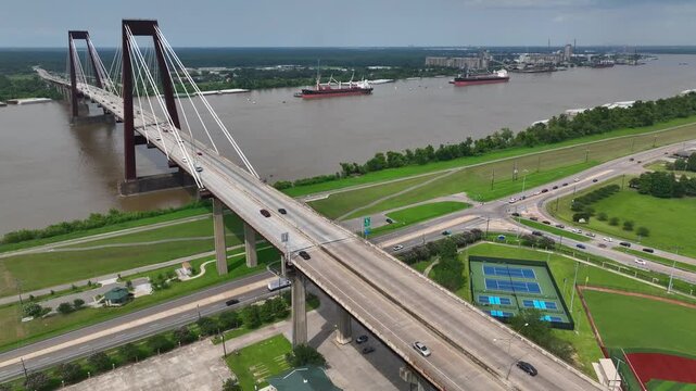 Cars traveling on Hale Boggs Memorial Bridge, a cable-stayed bridge over the Mississippi River in St. Charles Parish in Louisiana