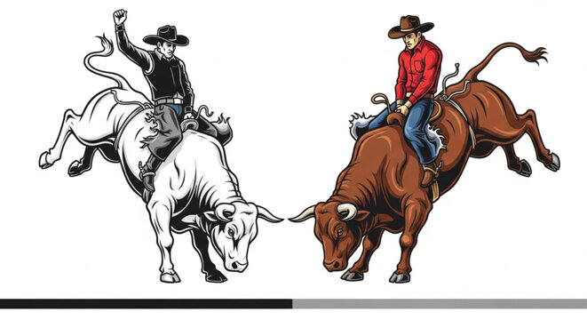 Rodeo bull riding vector illustration with cowboy athlete in stadium arena for western sports branding