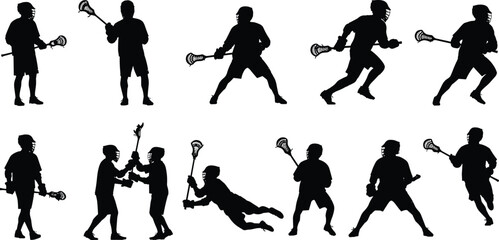 Lacrosse player silhouettes set showing running passing shooting and defensive action poses isolated on white background sports vector illustration © Habiba's World