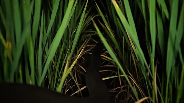 A low-angle perspective looking through lush green rice stalks in a field, highlighting the vibrant plant growth and the natural beauty of agriculture under soft lighting conditions