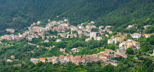 Mountain village nestled in green valley surrounded by forest