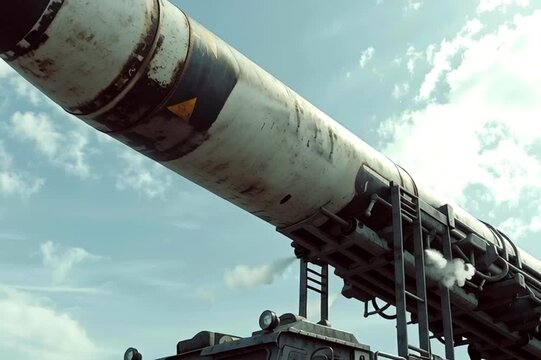 Huge intercontinental ballistic missile getting into launch position on a military truck against a cloudy sky, showcasing the tension and power of strategic nuclear weapons of mass destruction