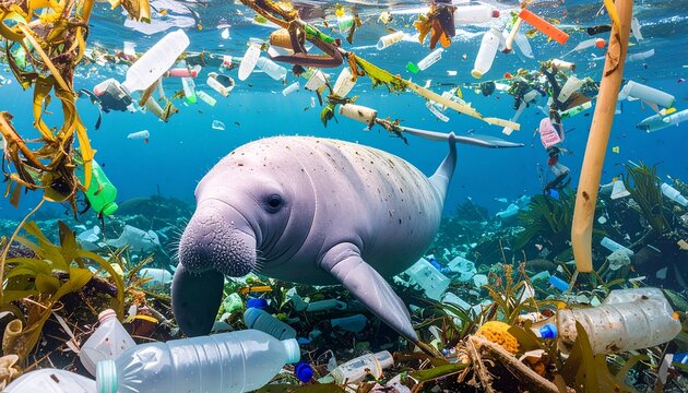 Manatee Swimming Underwater Surrounded by Plastic Pollution and Marine Trash