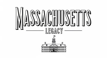 Mid-century academic poster, refined old-style lettering &ldquo;MASSACHUSETTS&rdquo;, thick elegant strokes, secondary word &ldquo;LEGACY&rdquo;, historic building silhouette