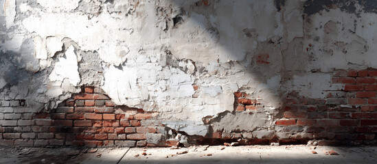 Weathered wall showing crumbling white plaster from red brick