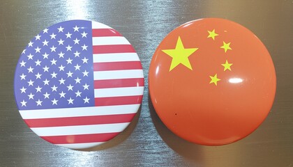 United States and China Flag Buttons on Metallic Surface