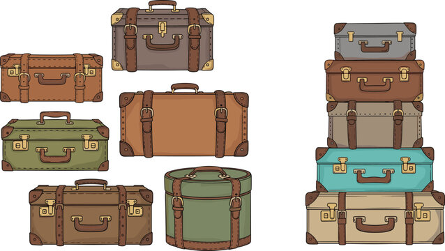 Vintage Travel Suitcases Collection with Retro Leather Luggage Trunks and Classic Baggage Cartoon Vector Illustration Set