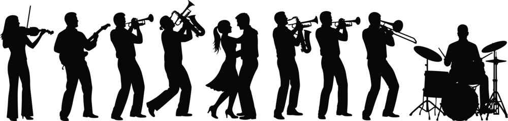 Black silhouette of a jazz band with musicians playing violin, guitar, trumpets, saxophone, trombone, and drums featuring a romantic dancing couple on white background. © Mijanur