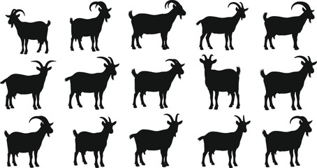 Fototapeta premium Black Goat Silhouette Vector Set Featuring Various Farm Animal Poses and Horn Shapes Isolated on White Background for Livestock Logo Design and Rural Graphics