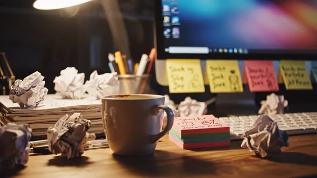 A cluttered workspace with crumpled papers, a coffee cup, and a computer screen displaying sticky notes in the background at night.
