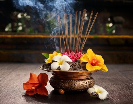 balinese incense offering with flowers and smoke