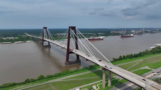 Cars traveling on Hale Boggs Memorial Bridge, a cable-stayed bridge over the Mississippi River in St. Charles Parish in Louisiana