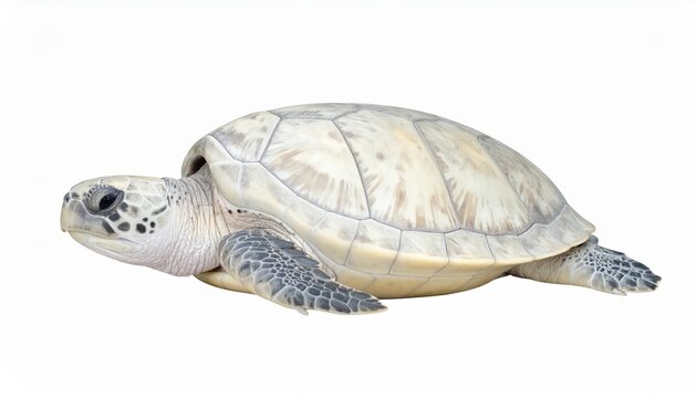 Albino Sea Turtle Side View Isolated on White Background, Rare White Leucistic Sea Turtle Portrait, Marine Biology Concept
