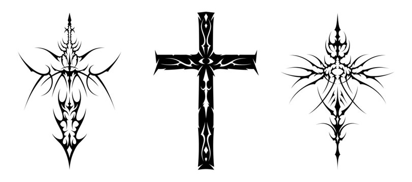 set of cyber sigilsm cross, sword, Neo tribal symmetrical sharp style. vector format for mystical symbol, vector design for tattoo flash, streetwear t-shirt print apparel