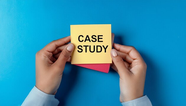 hands holding a sticky note with the words case study on a blue background