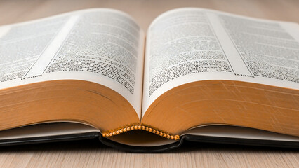 Obraz premium Close-up photo of an open holy Bible placed on a wooden table with visible pages and a ribbon bookmark, representing religious reading or spiritual study.
