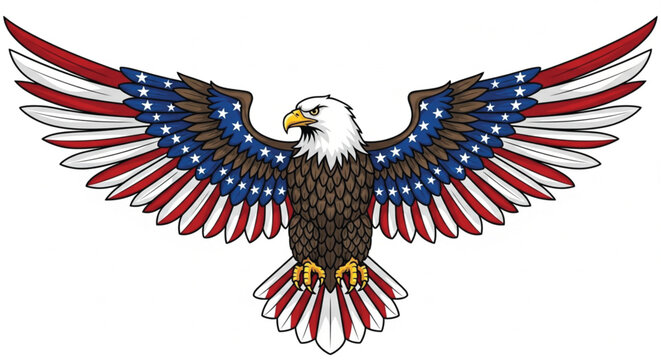 Vintage American bald eagle vector illustration with patriotic flag wings and rustic badge style isolated