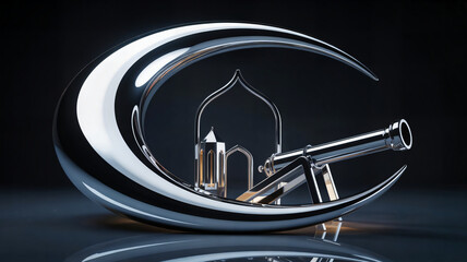 Ramadan kareem concept with chrome crescent moon mosque silhouette lantern and cannon on dark background, 3d render.