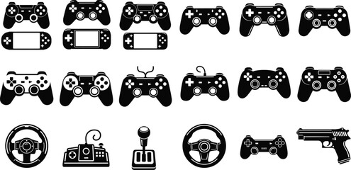 Video Game Controller Silhouettes Collection, Gaming Console Gamepad Joystick Steering Wheel Icons Isolated on White Background Illustration Set © MDTAHMID