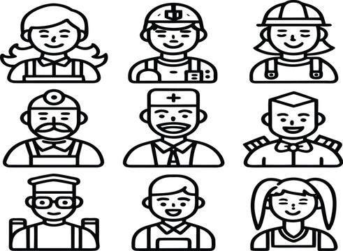 Professional Avatars and Diverse Occupations Mono-line Icon Set