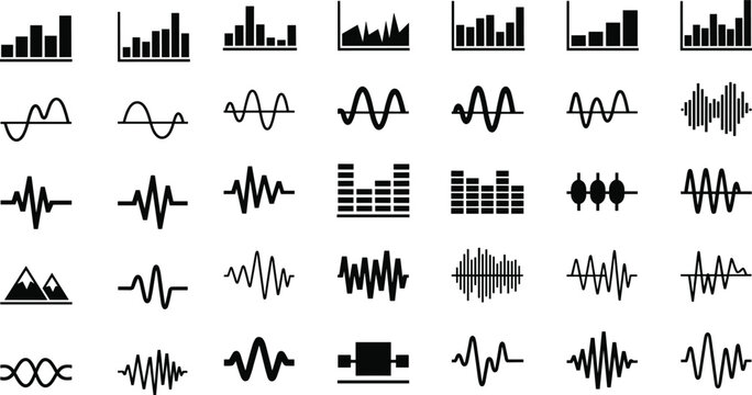 Sound Wave and Audio Equalizer Vector Icon Set with Music Frequency Signal Digital Volume Bar and Voice Recording UI Elements