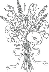 Fototapeta premium A vintage hand drawn illustration of a bouquet of lilies featuring intricate floral sketches and nature inspired leaf and branch decorations in a seamless black and white vector art design