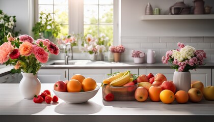 bright modern kitchen with fresh flowers and fruit