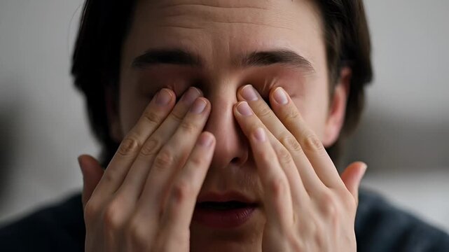 Close up of a young man rubbing his eyes with his hands